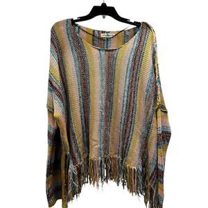 Natural Life beach bum fringe striped hippy Woodstock boxy top sz M fits 2X